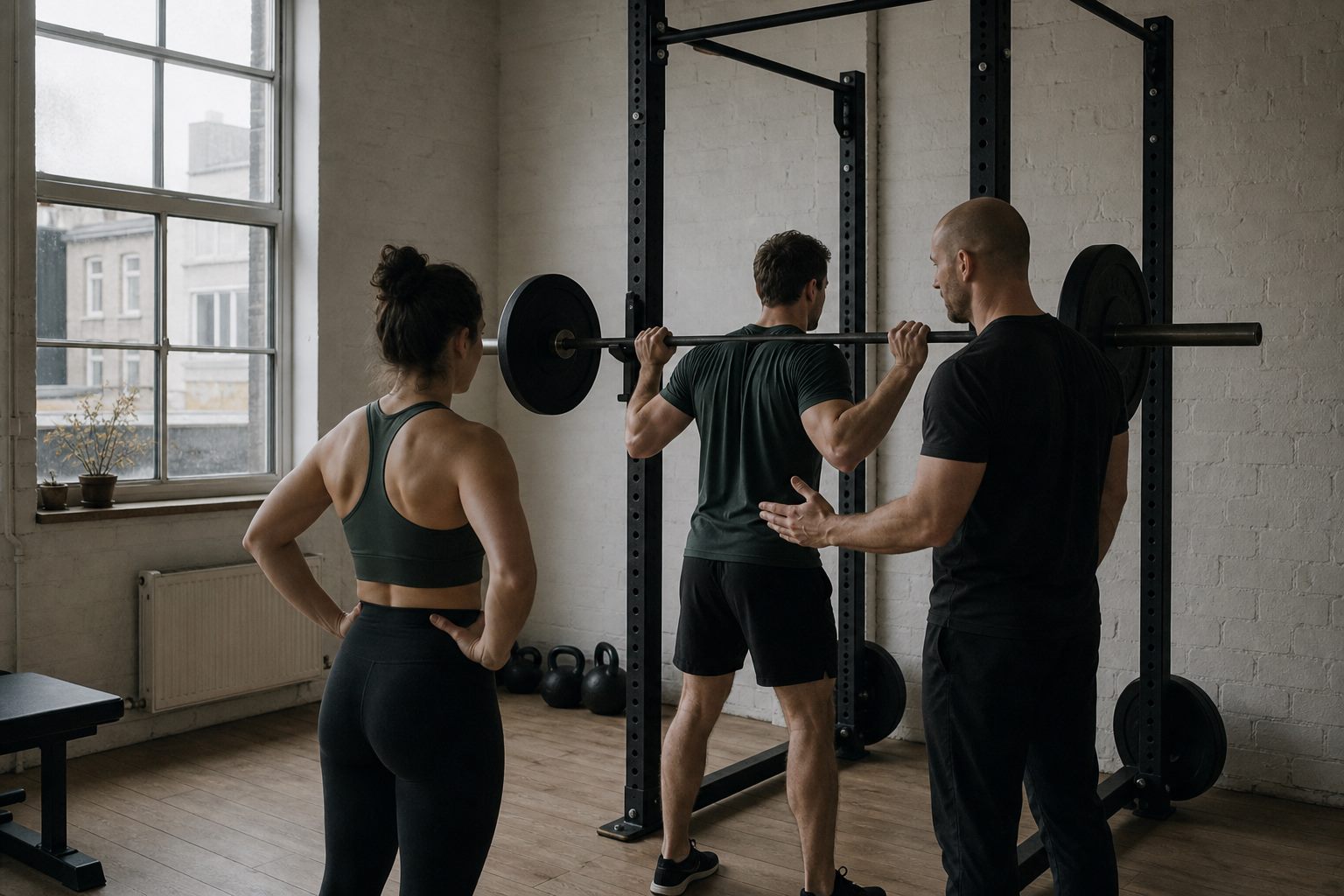 A coach setting up a barbell with two members during a semi-private block