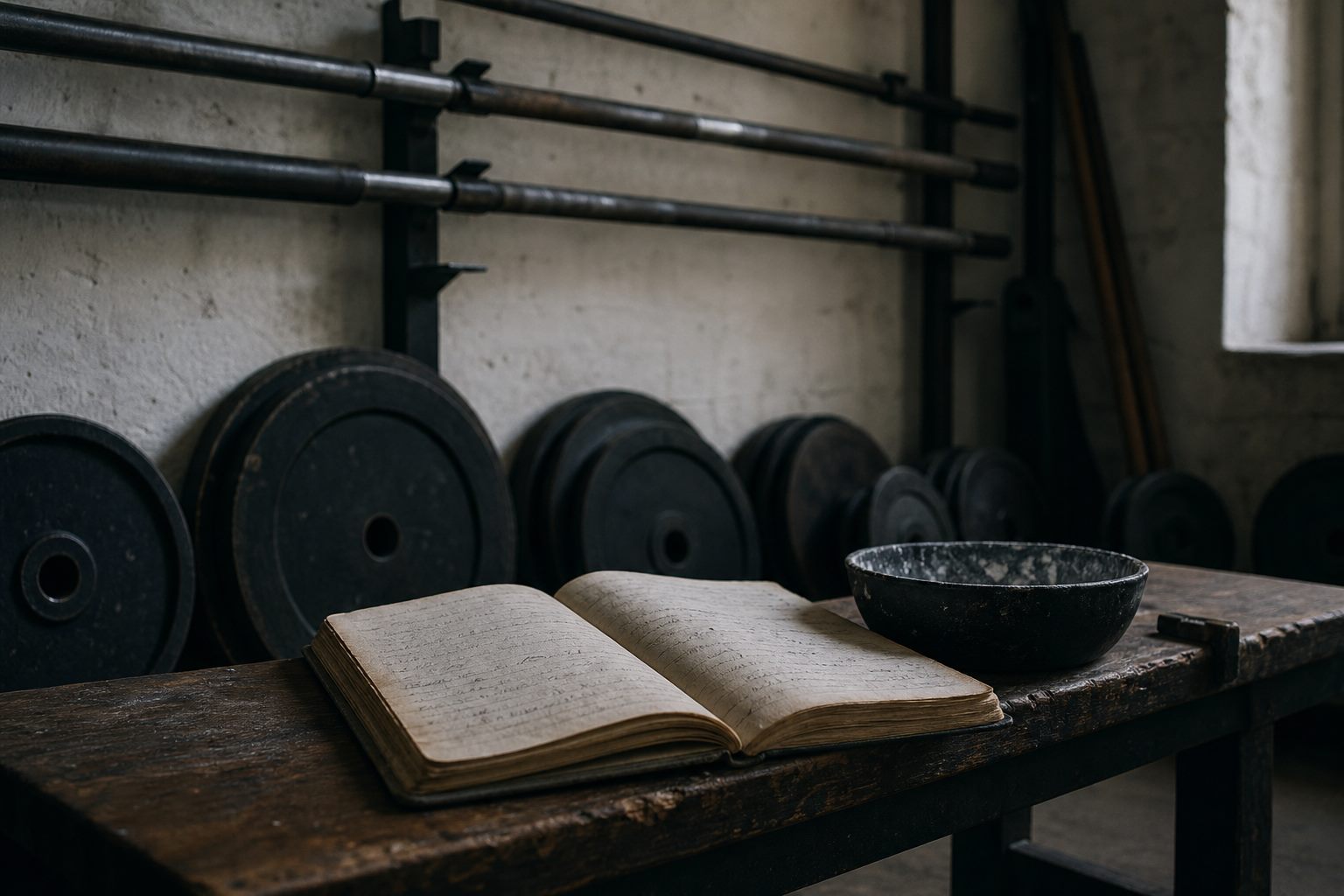 Racks and loaded barbells against the studio's north wall